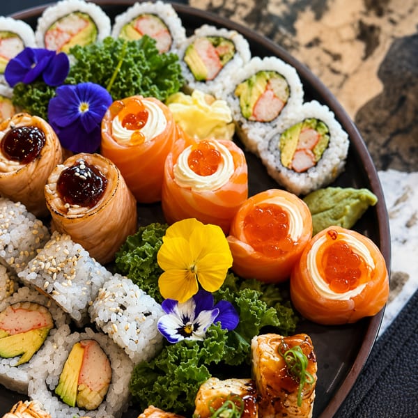 A platter of various sushi rolls, including salmon, avocado, and shrimp, garnished with edible flowers.