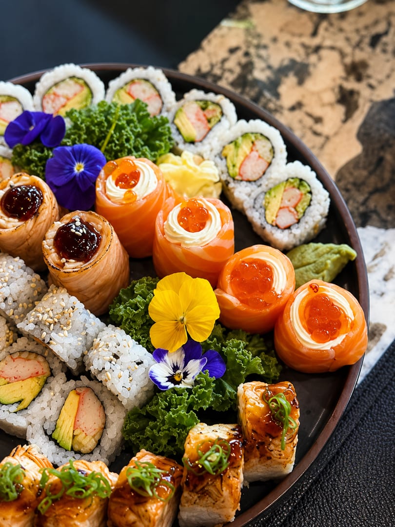 A platter of various sushi rolls, including salmon, avocado, and shrimp, garnished with edible flowers.